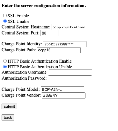 Enter Server information in the Charger